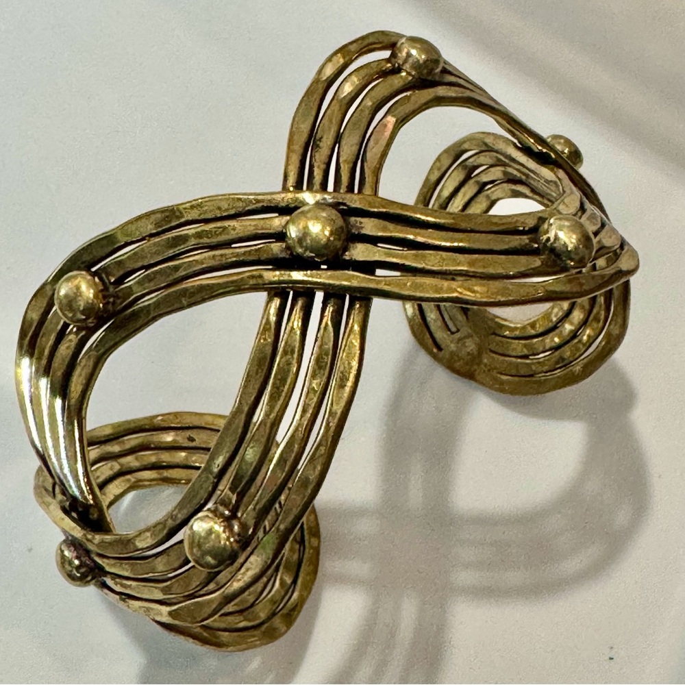 Elegant Vintage Gold brass cuff Bracelet hammered textured statement wide cuff